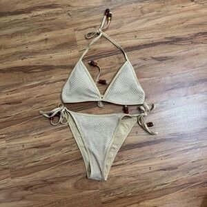 Zaful Womens Beige Crochet Textured Beaded Triangle Bikini Set Size 6 Medium